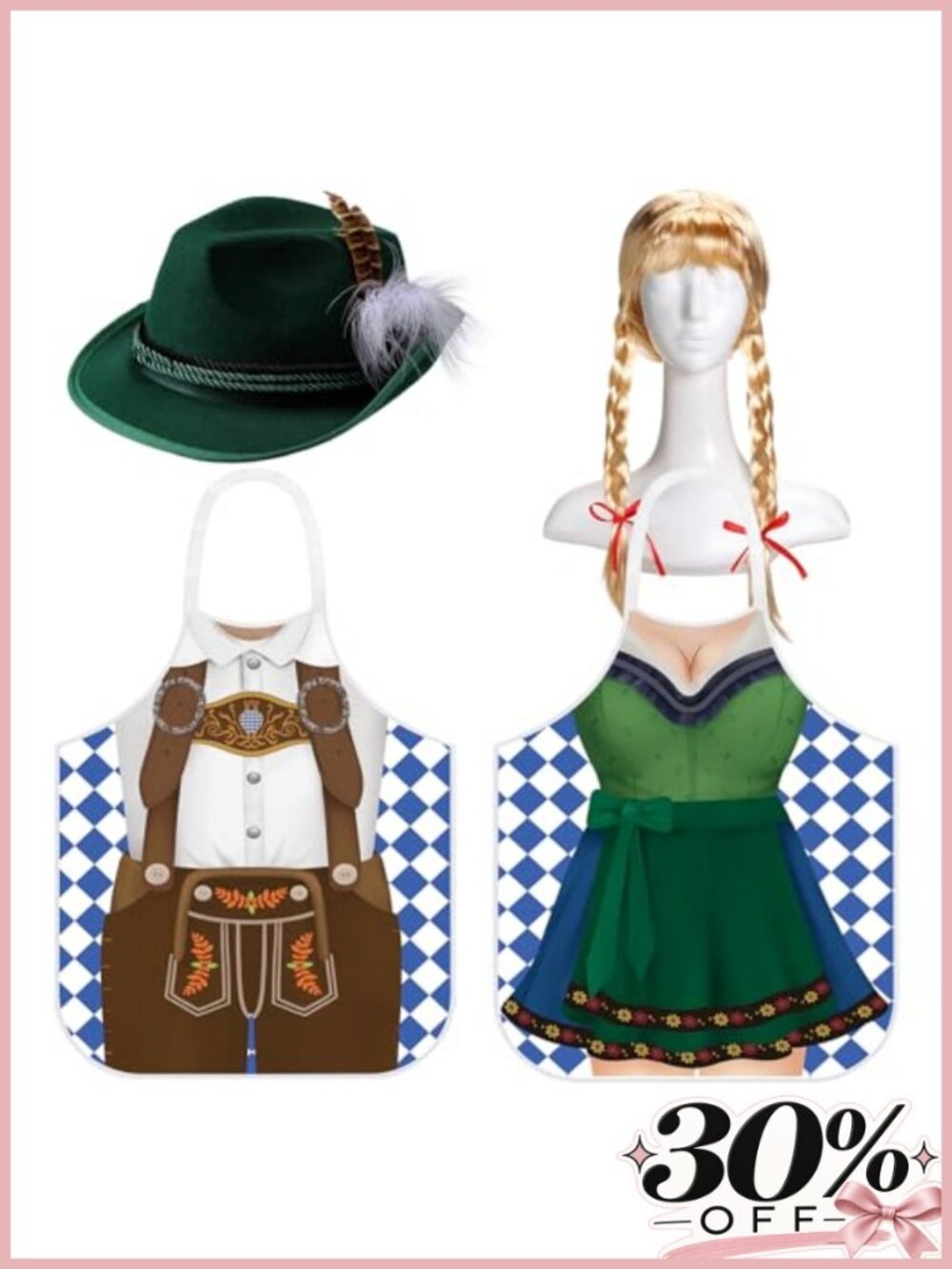 Oktoberfest Couple Aprons with Feathered Hat and Blond Wig 4 Piece Set